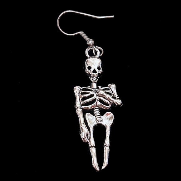 Goth themed Hand Crafted Earrings Skeleton & Skull Pendant Stainless Steel Wires - Picture 4 of 9